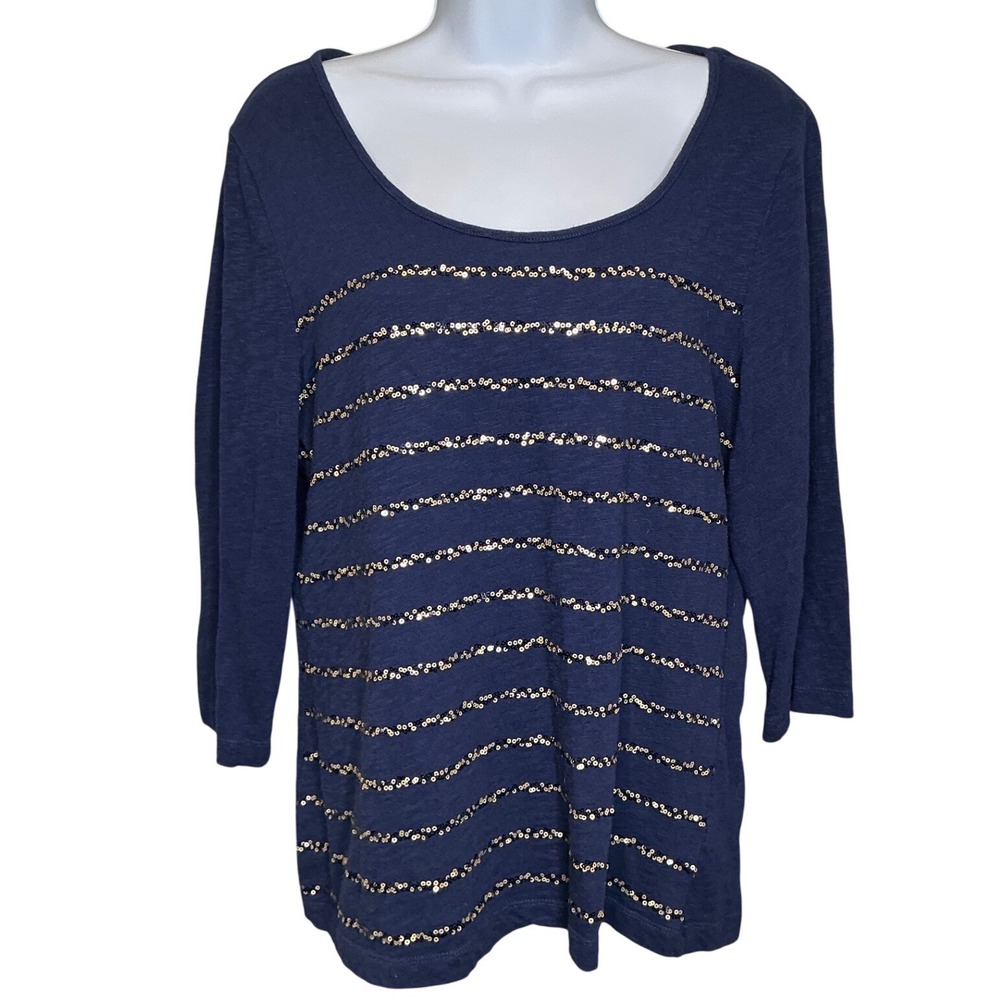 Coldwater Creek Women's Blue Gold Sequin Striped Top Sz 14 Coastal Breezy Boho